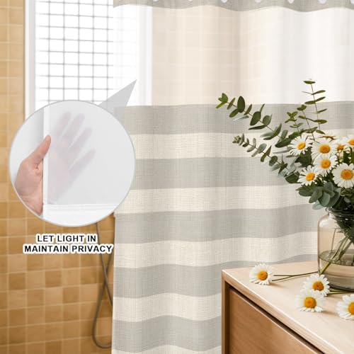 No Hooks Shower Curtains,Minimalist Taupe Stripes Waterproof Shower