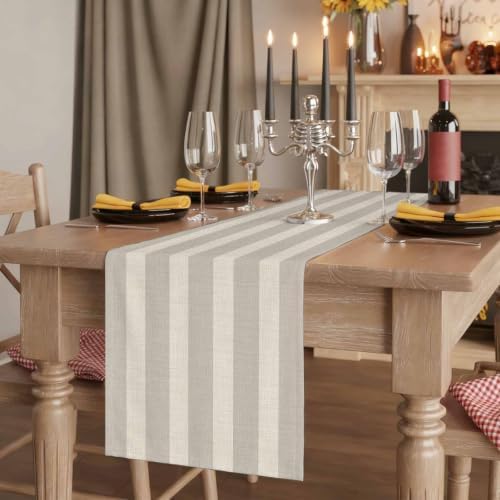 Minimalist Taupe Stripes Table Runner Farmhouse Linen Texture Dresser