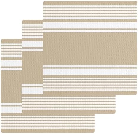 Beige Striped Waffle Kitchen Towel Set of 3 Modern Farmhouse Stripe