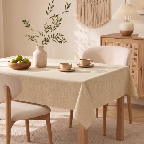 XWZO Faux Linen Textured Table Cloth - 60 x 102 Inch Beige Spillproof