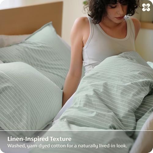 Bedsure PureWoven Striped Duvet Cover Set Linen‐Like, Queen Size, 3-PC