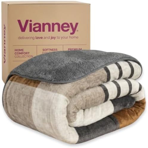 Vianney Tan Grey White Full/Queen Reversible Sherpa Throw Blanket