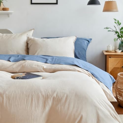 Full Size Washed Cotton Duvet Cover Set, 3 Pieces Linen Like Cooling