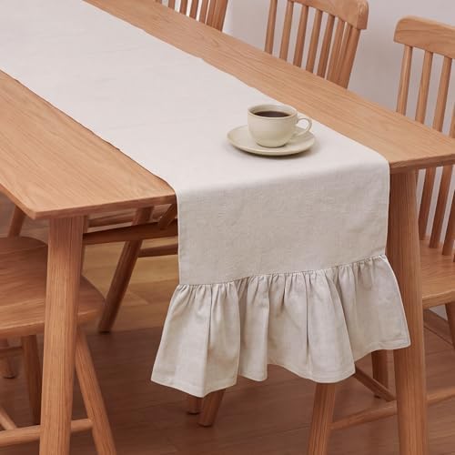 Gilprop Boho Ruffled Table Runner Linen, 13 x 108 Inch, Linen Beige