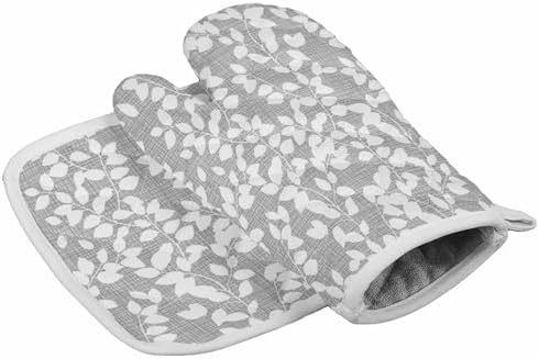 Quilted Cotton Terry Cloth Oven Mitt, Pot Holder Plant Leaves White