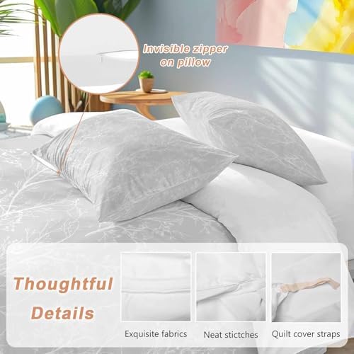 3 Piece Light Grey Botanical Duvet Cover Set Full Size, Microfiber