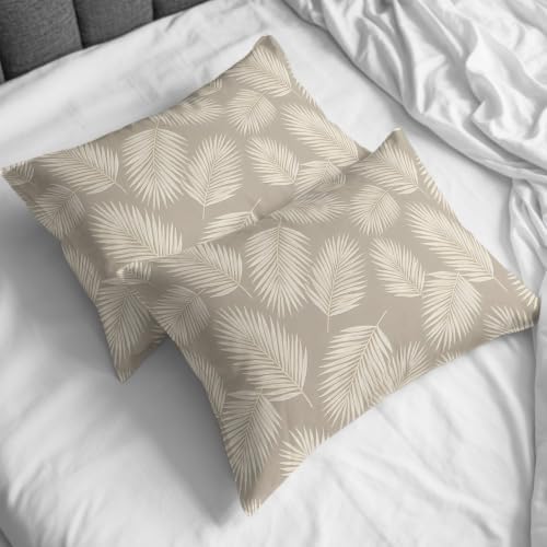 Taupe Palm Leaves Duvet Cover Queen Size, Tropical Plants Leaf Modern