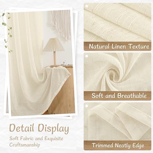 LAMIT Beige Sheer Linen Curtains 63 Inch for Bedroom, 52 x 63 Inch