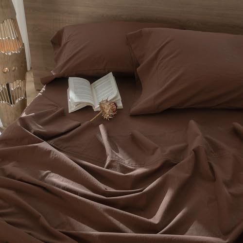 MOOMEE Flat Sheet Only 100% Washed Cotton Linen-Like Queen