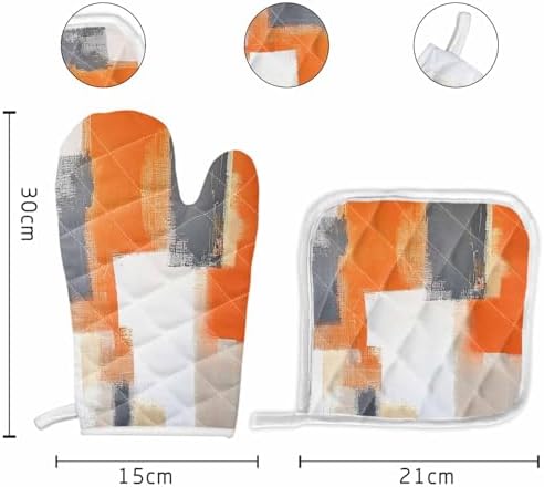 Quilted Cotton Terry Cloth Oven Mitt, Pot Holder Orange Gray Abstract