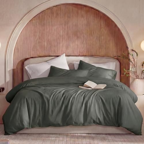 100% Washed Cotton Duvet Cover King Size – Olive Green, Linen-Like