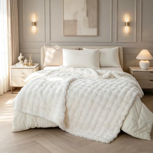 YUSOKI Double Sided Faux Rabbit Fur Throw Blanket, Cream, 60"x72"
