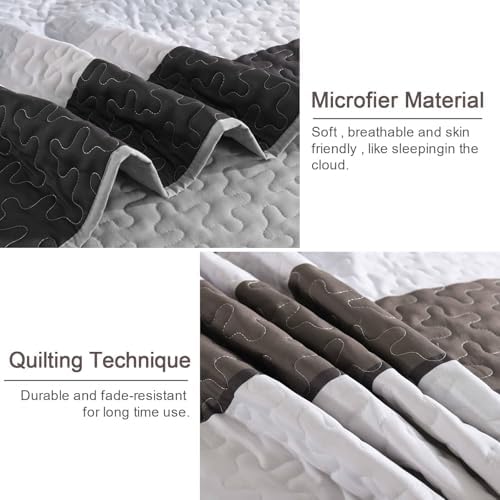 Dinjoy Queen Size Boho Stripe Quilt Set, Grey Brown Lightweight