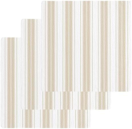 Beige Stripes Waffle Kitchen Towel Set of 3 Farmhouse Minimalist