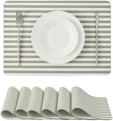 Striped Leather Placemats Set of 6, Khaki, Faux Leather