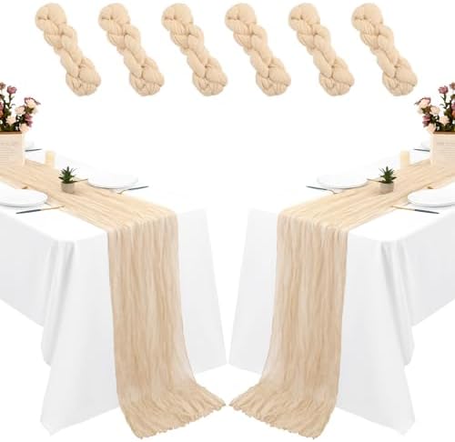 6 Pack Beige Cheesecloth Table Runners, 35x120 Inch