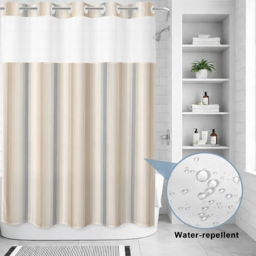 Extra Long No Hook Shower Curtain Bathroom Decor Brown Gray Striped