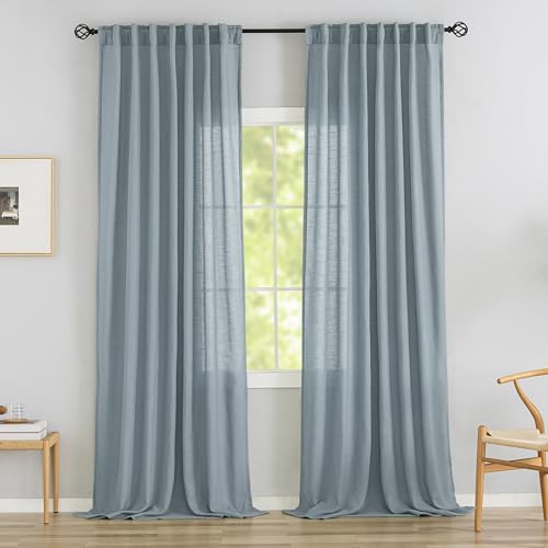 DONREN Stone Blue Linen Back Tab Curtains 96 Inches Long 2 Panels Set