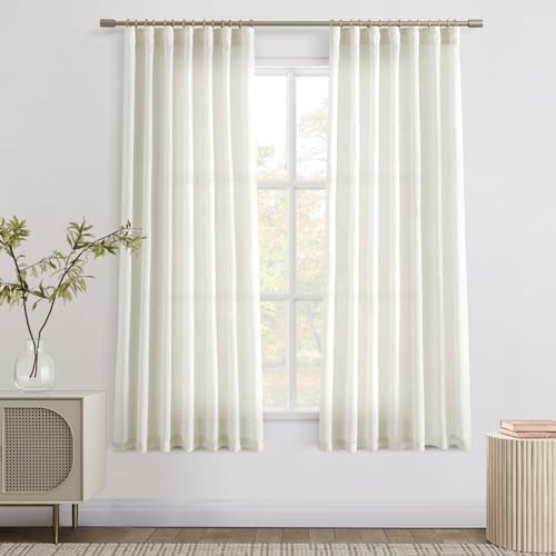 Joywell Linen Curtains 63 Inches Long for Living Room Hook Belt Cream