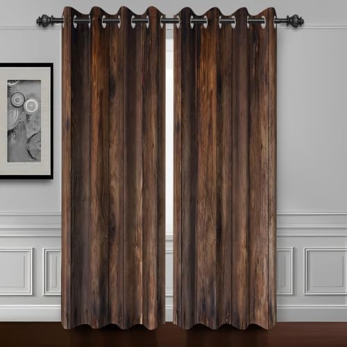 Rustic Brown Wood Blackout Curtains 96 inch Length for Bedroom Living