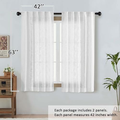 OWENIE White Faux Linen Curtains for Bedroom Living Room 63 Inch