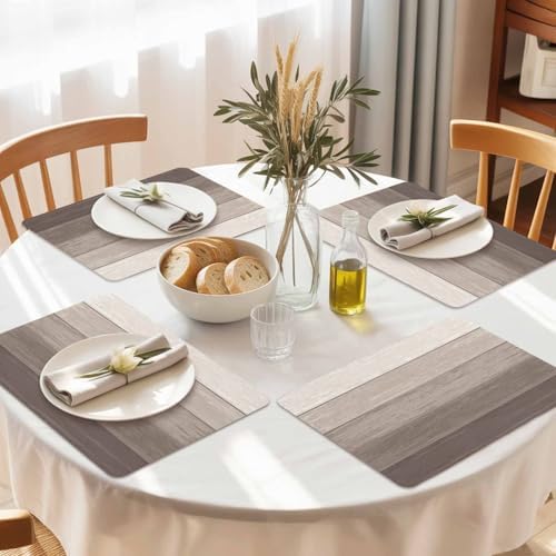 Faux Leather Placemats Set of 6 Khaki Wood Grain Waterproof Heat