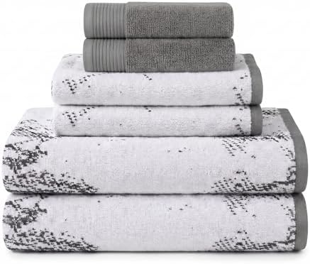 SUPERIOR Cotton Jaquard Absobent Marble Bath Towel Set, 6 Piece, Grey