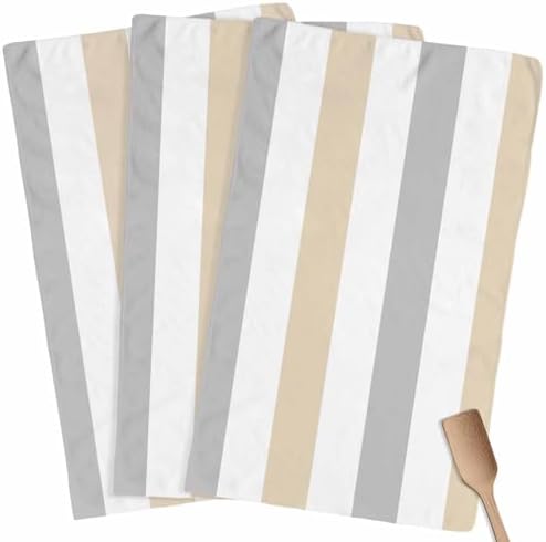 Beige Grey Stripe Kitchen Towels Set of 3 Classic Modern Geometric
