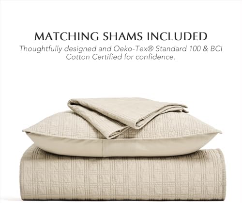 EVERGRACEHOME Cotton Sateen Windowpane Quilt Set King Size, Light