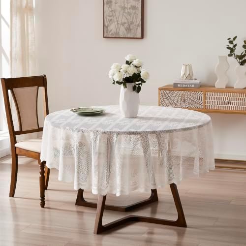 LinenZone 90 Inch Round Ivory Lace Tablecloth.