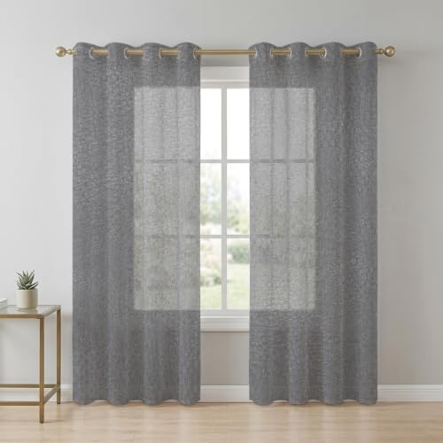Gray Grain Texture Sheer Curtains 63 Inch Long 2 Panels, Vintage
