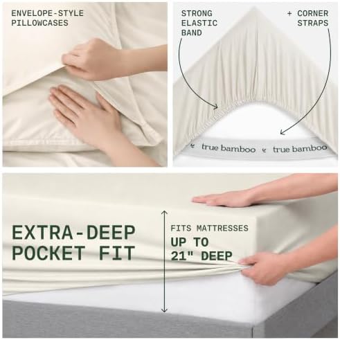 TRUE BAMBOO Sheets Set King Size - 21” Extra Deep Pocket - Light Beige