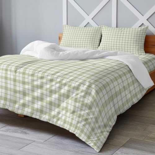 Green Plaid California King 4 Piece Duvet Cover Set, Classic Sage