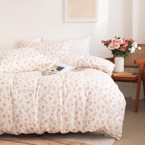 Floral Duvet Cover Set Queen Size, 3 Pieces Pink Flower and Green Leaf