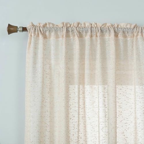 Beige Sheer Curtain 108 inch Long 2 Panels, Solid Color Rod Pocket
