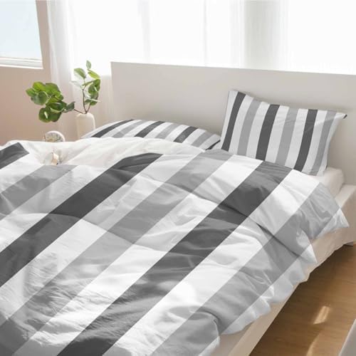 Duvet Cover Set Queen, Minimalist Art Grey Stripes 3 Piece Bedding Set