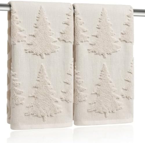 2 Pack Christmas Tree Hand Towels 100% Cotton Jacquard Holiday Kitchen