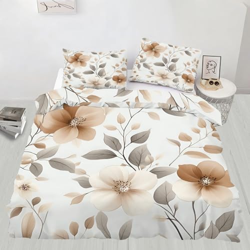 Vintage Floral Duvet Cover Queen Size, Tan Beige Flower Bedding Set