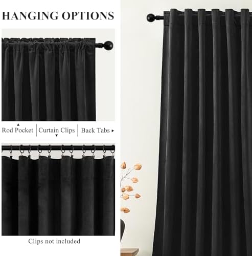 Black Velvet Blackout Curtains 120 Inches for Bedroom, Back Tab, 2