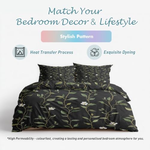 Botanical Duvet Cover King Size, Tree Stripe Floral Black Green