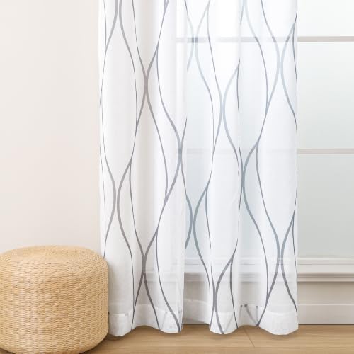L.Z.E White Sheer Curtains 63 Inch Length 2 Panels Set, Grey Curved
