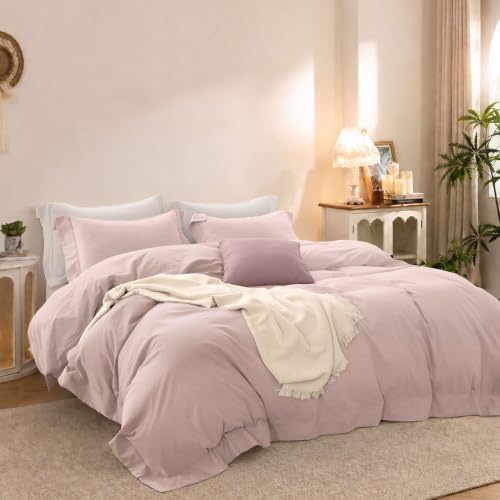 Duvet Cover Set Washed Cotton Embroidered Hem Queen 3‐Pcs