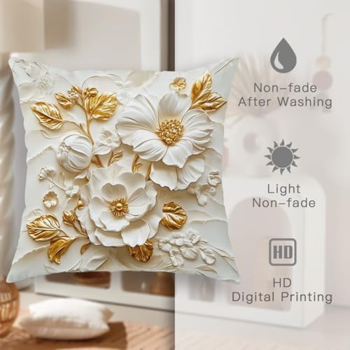 Elegant Floral Pillow Covers Set of 2, White and Gold Flower