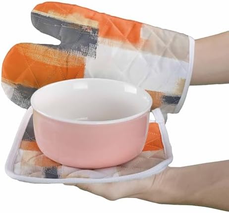 Quilted Cotton Terry Cloth Oven Mitt, Pot Holder Orange Gray Abstract