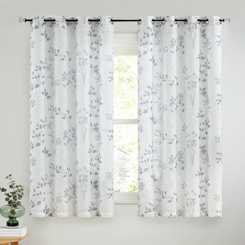 Beauoop Floral Linen Semi Sheer Curtains Living Room Grey 50x63 2