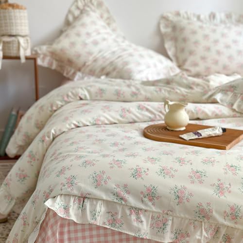 mixinni Pink Floral Duvet Cover Set Queen Size - 100% Cotton Ruffle