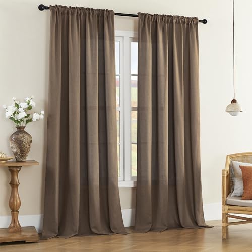 DONREN Linen Blend Back Tab Curtains Semi Sheer 50 x 120 Inch Brown