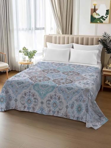 Cal King Size Flat Sheet Only, Bohemian Gray Teal Flower Pattern Bed