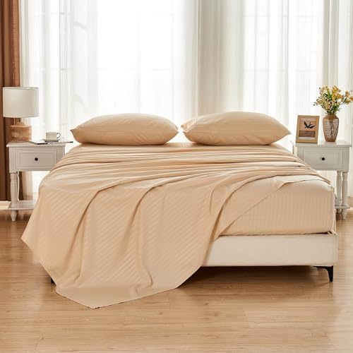 Kingnex Oversized King Flat Sheet 132x110 with Striped Pattern Beige