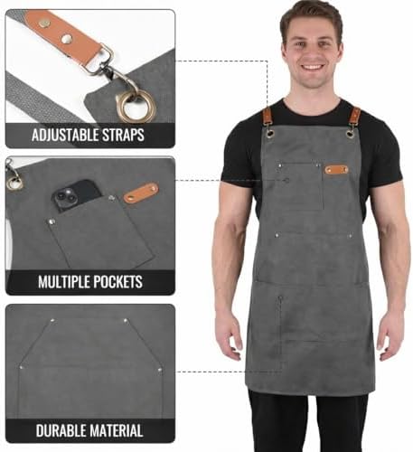 Canvas Chef Apron for Men and Women, Cotton, Cross-Back, 5 Pockets
